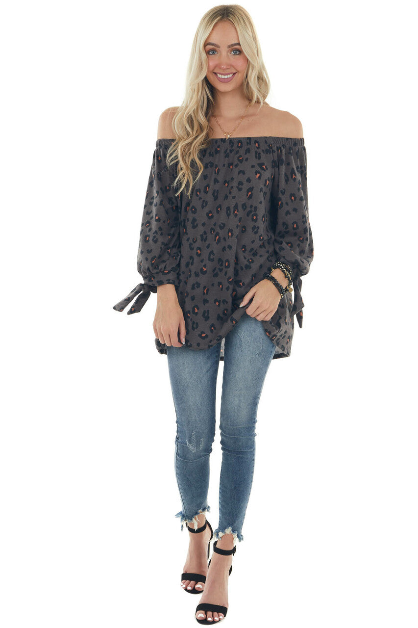 Ash Leopard Print Off Shoulder Top with Ties
