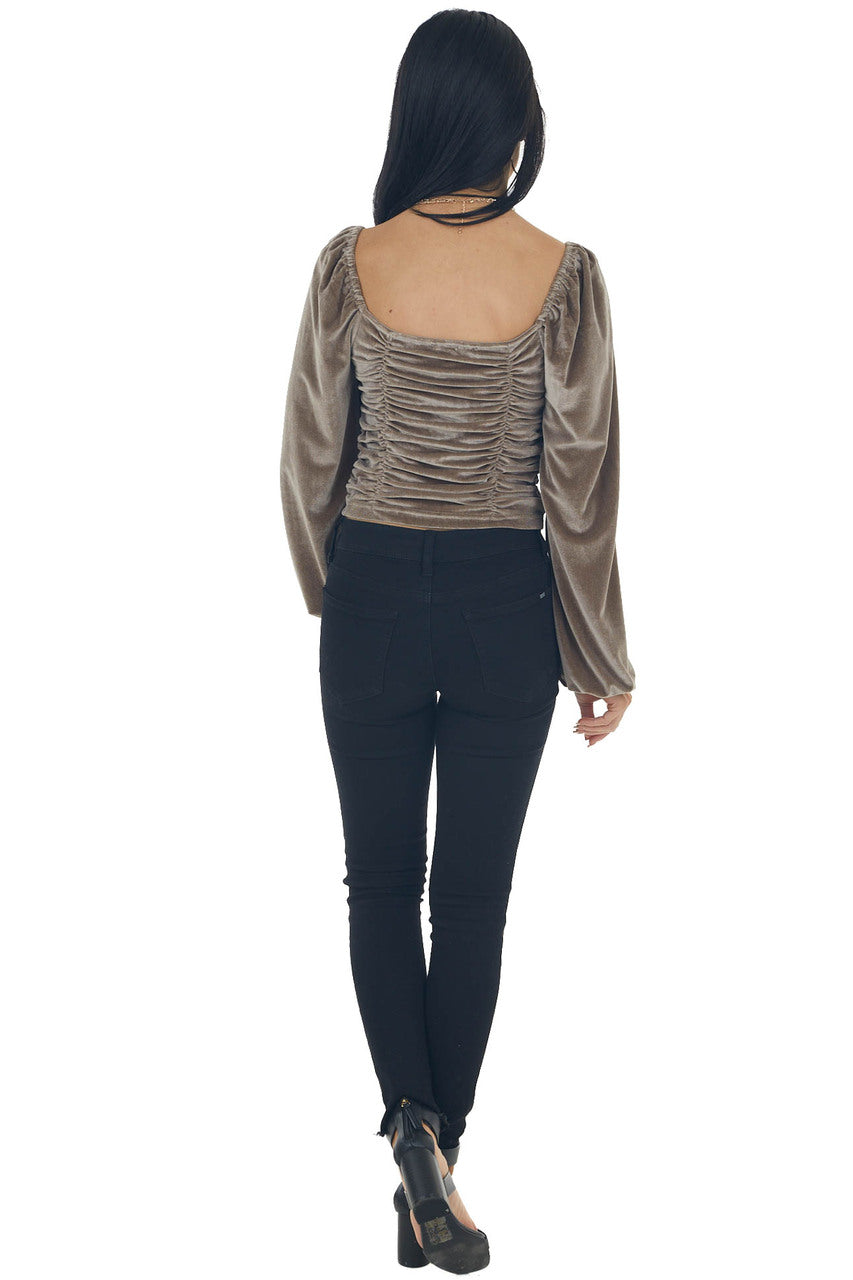 Antique Taupe Long Puff Sleeve Ruched Velvet Top