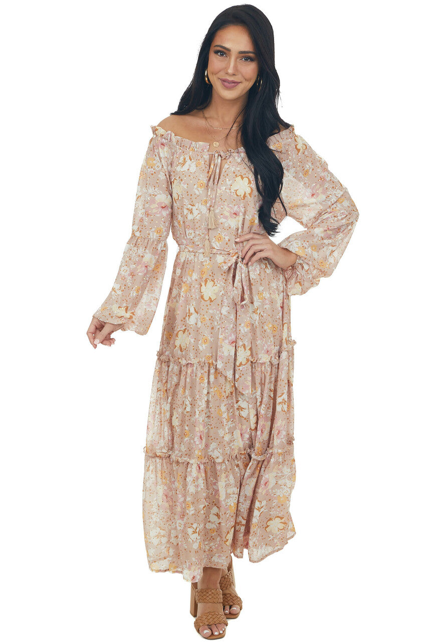 Nude Floral Print Gold Speck Tiered Maxi Dress