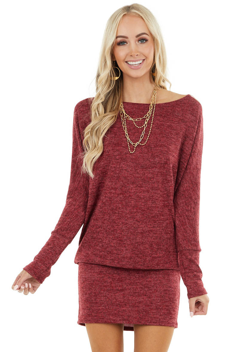Maroon Long Sleeve Tunic Dress with Long Banded Hem