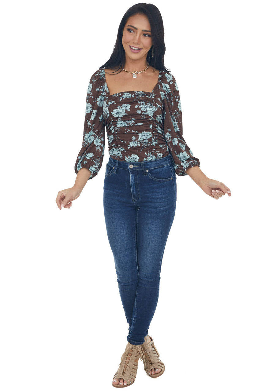 Cocoa and Sky Blue Floral Peasant Sleeve Top