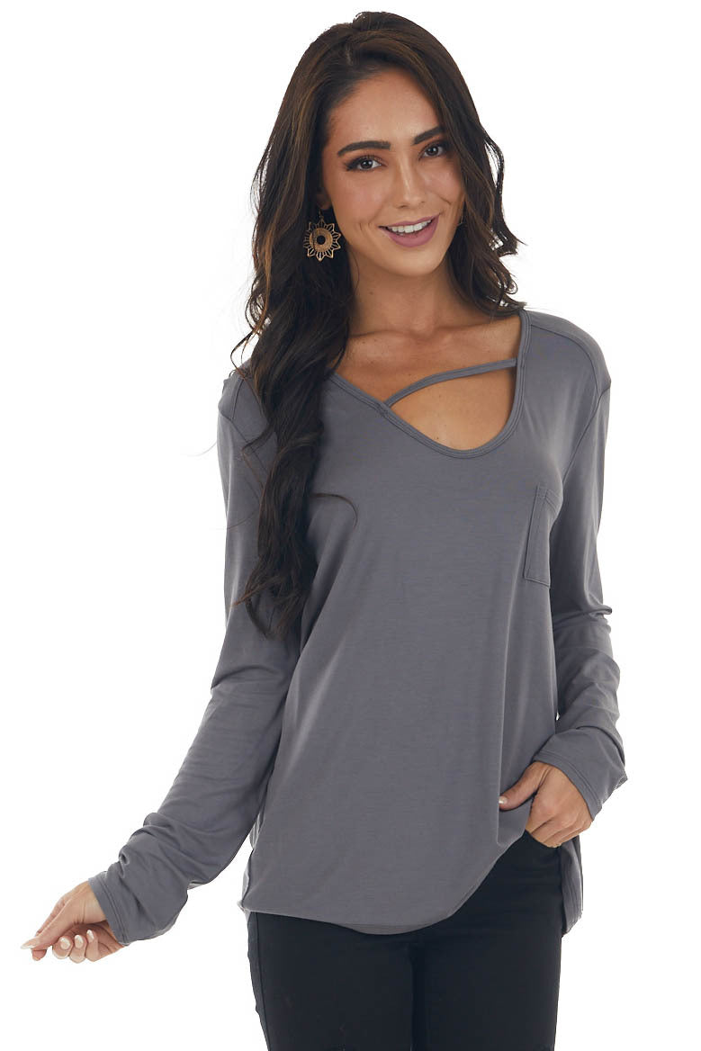 Charcoal Long Sleeve V Neck Cut Out Knit Top 