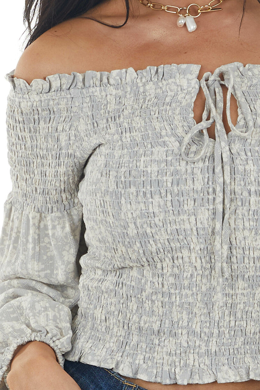 Steel Grey and Ivory Printed Smocked Off the Shoulder Blouse