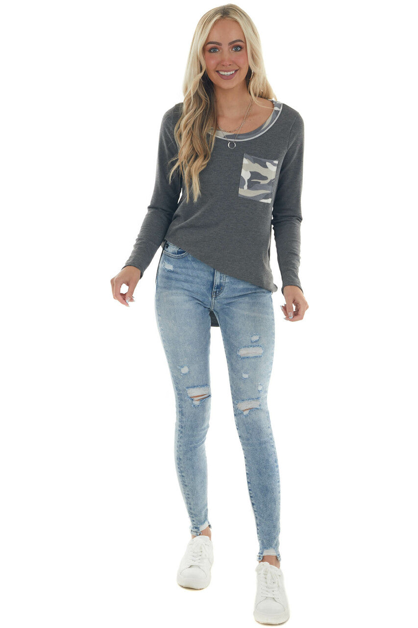 Graphite Camo Contrast Long Sleeve Knit Top