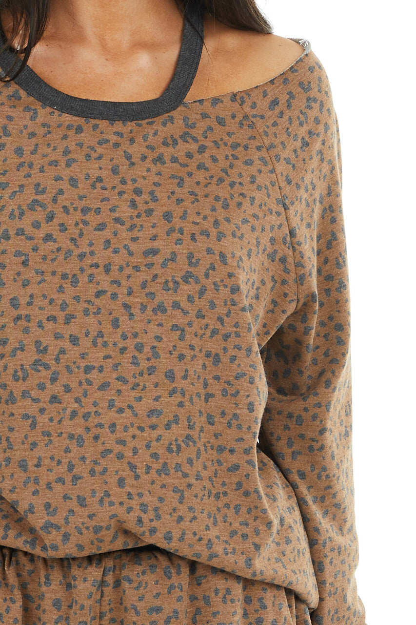 Cognac and Charcoal Leopard Print Top with Cold Shoulder