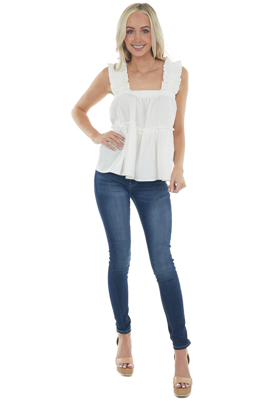 Off White Tank Top with Thick Ruffled Straps