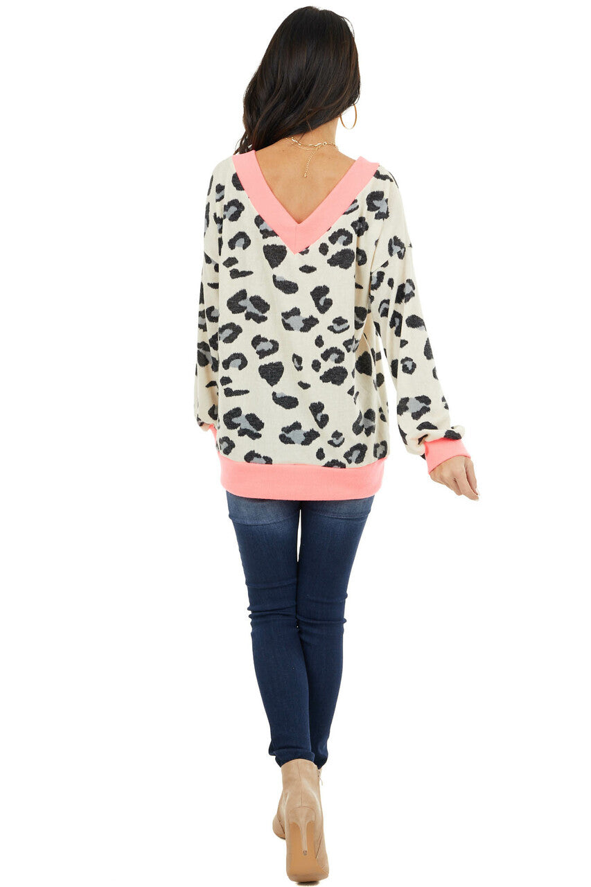 Ivory Leopard Print Long Sleeve Top with Contrast Trim