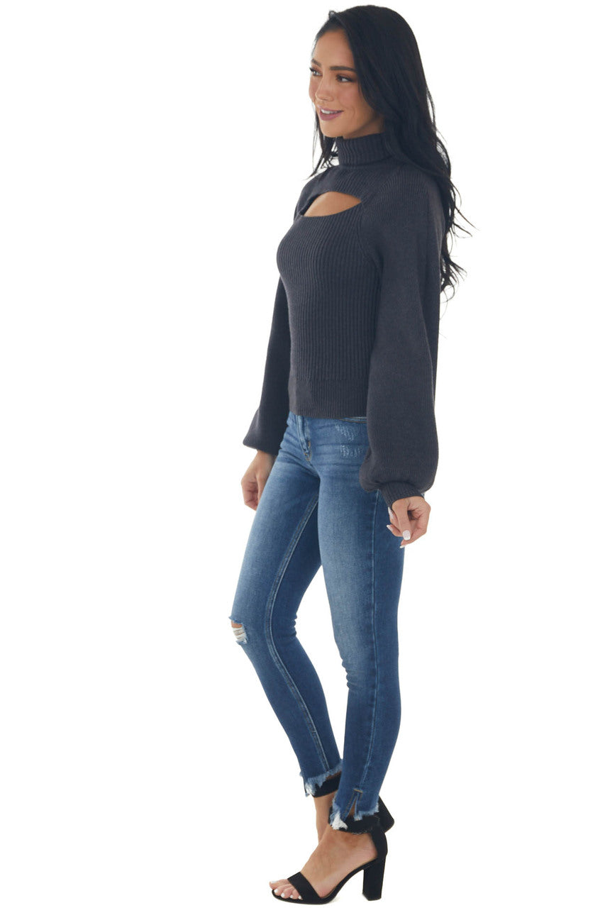 Charcoal Ribbed Cut Out Turtleneck Sweater