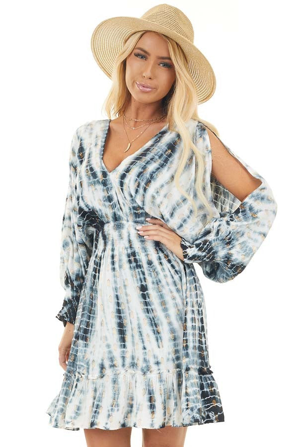Indigo Tie Dye with Gold Dots and Dolman Sleeve Short Dress 