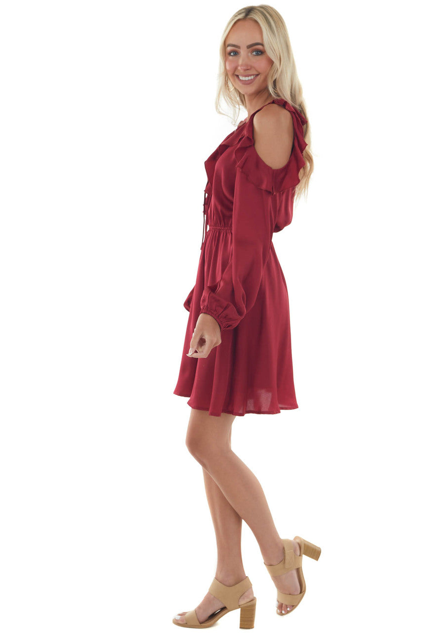 Maroon Red Cold Shoulder V Neck Short Dress 