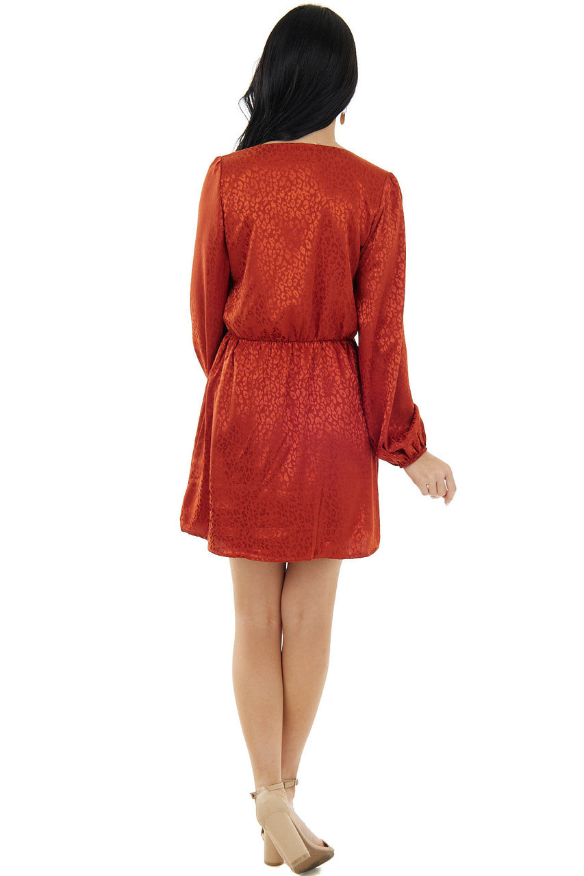 Brick Leopard Print Surplice V Neck Short Dress