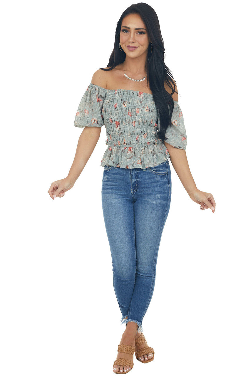 Sage Floral Print Short Sleeve Blouse with Smocked Details