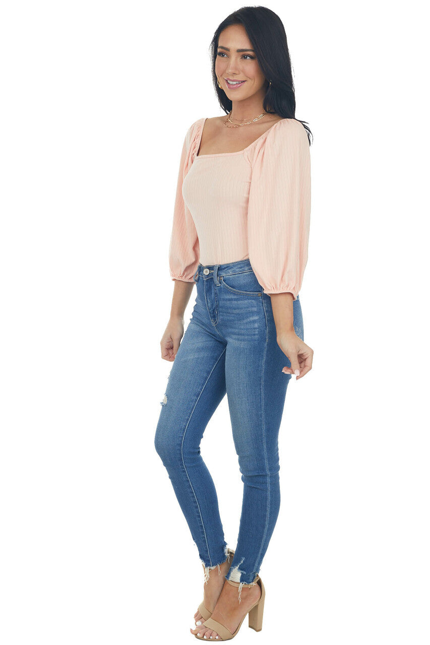 Pale Salmon Square Neck Bubble Sleeve Bodysuit