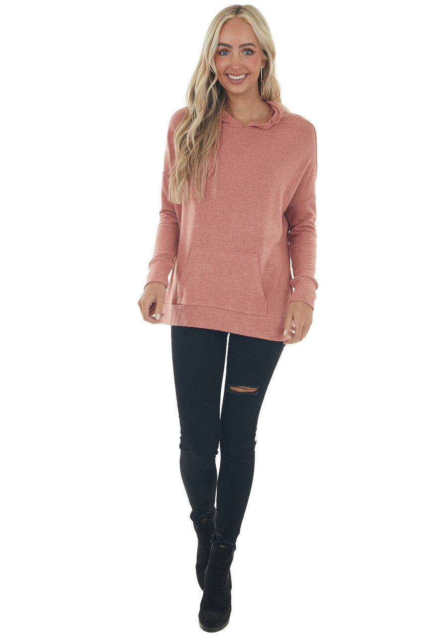 Heathered Coral Kangaroo Pouch Knit Hoodie