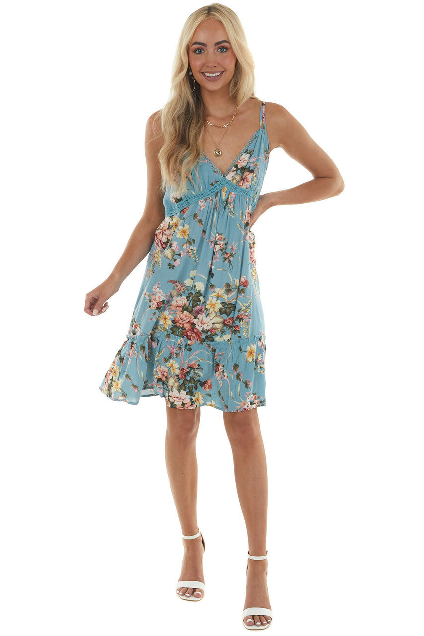 Dusty Blue Floral Print Babydoll Short Dress