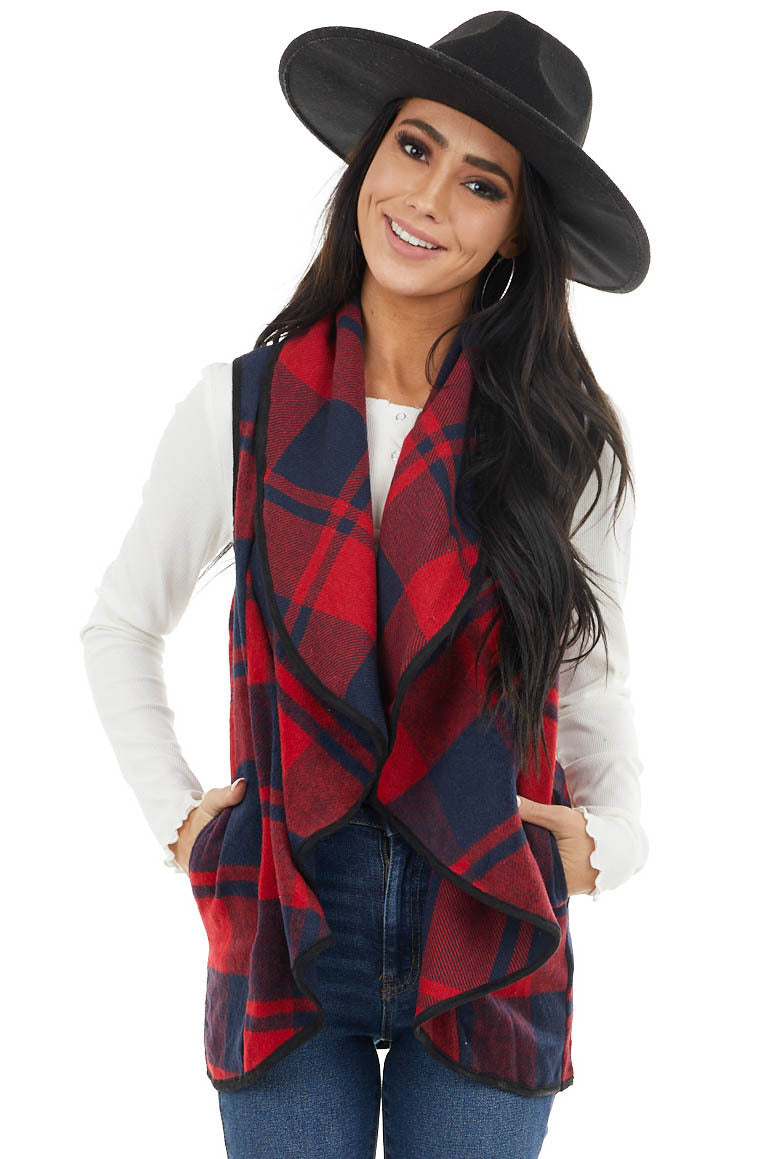 Cherry and Black Open Front Plaid Print Vest with Lapel