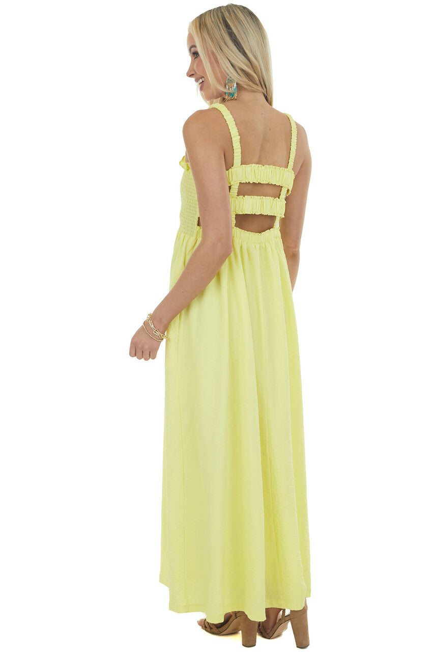 Lemon Sleeveless Smocked Ruffle Maxi Dress