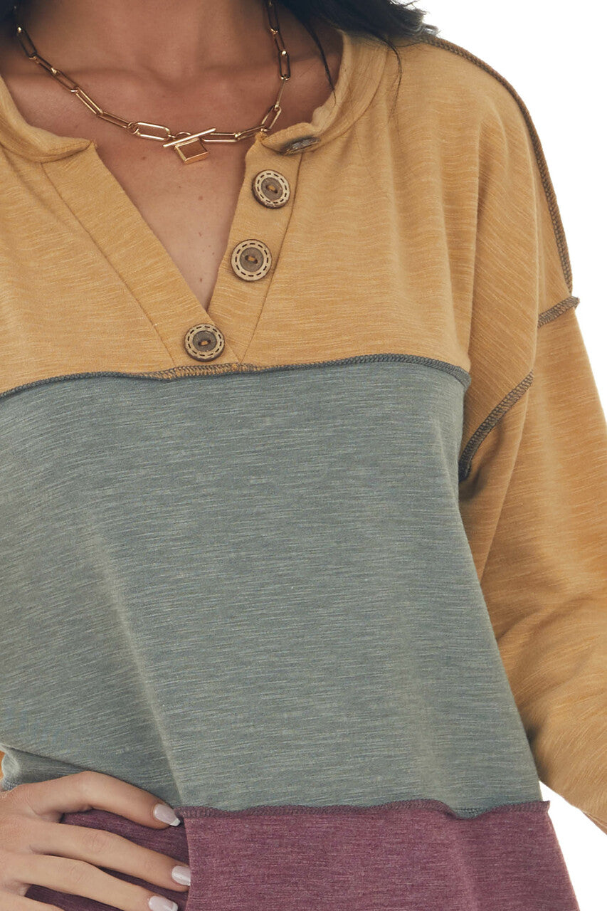 Amber and Berry Colorblock Henley Knit Top 