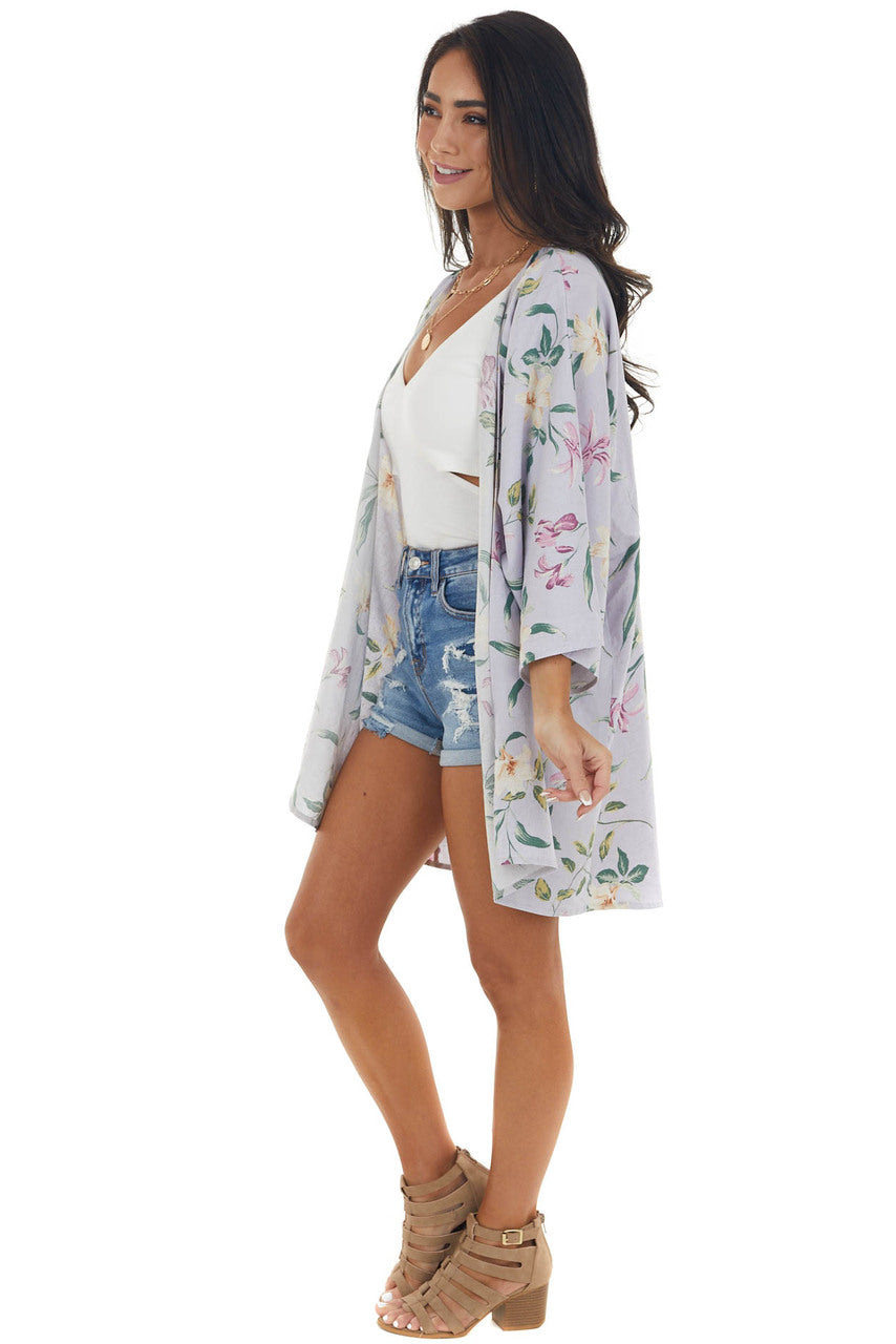 Lavender Floral Print Kimono with High Low Hem