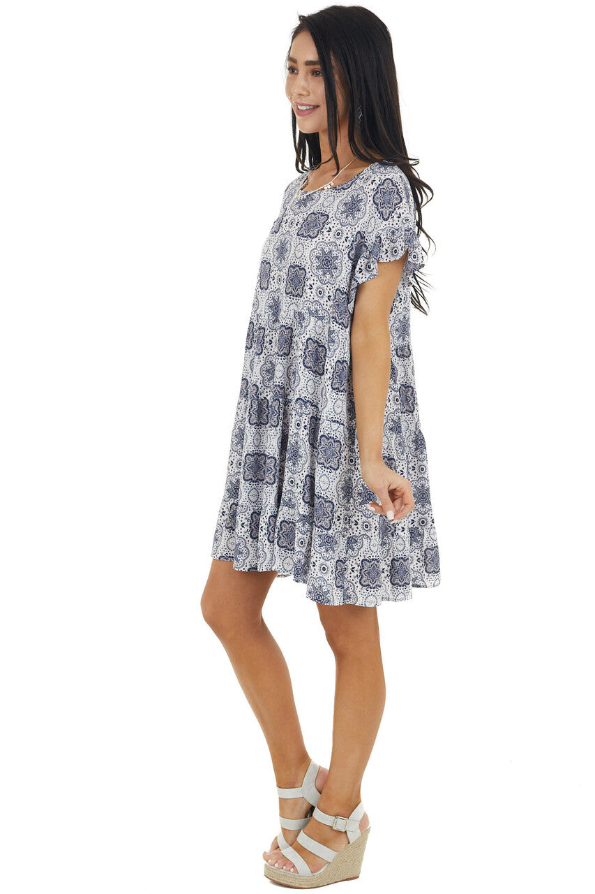 White and Navy Abstract Print Babydoll Dress with Ruffles 