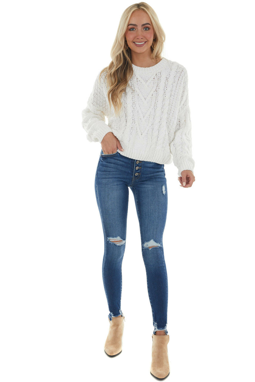 Vanilla Slight Crop Cable Knit Sweater 