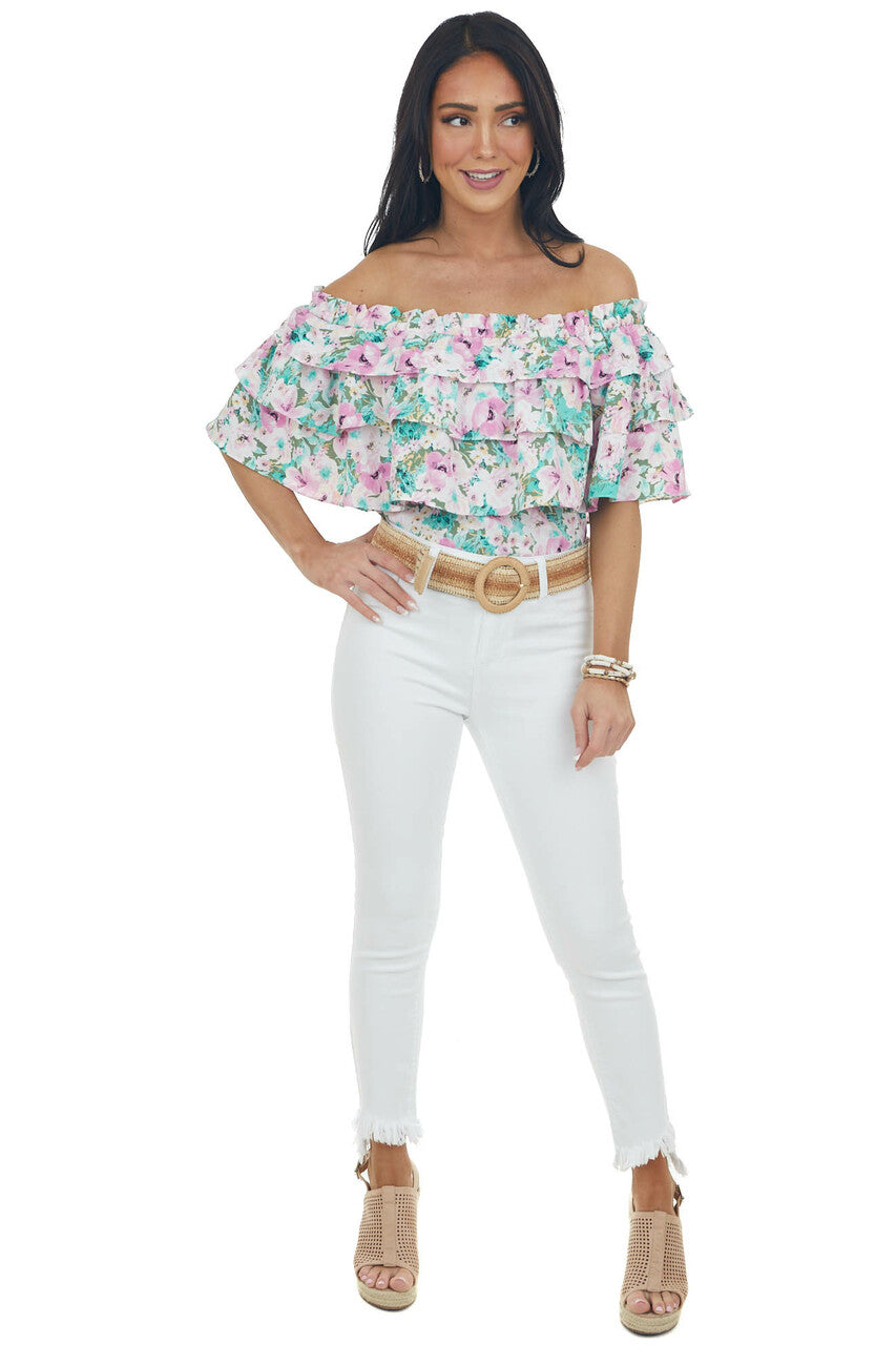 Aquamarine Floral Off Shoulder Overlay Blouse 