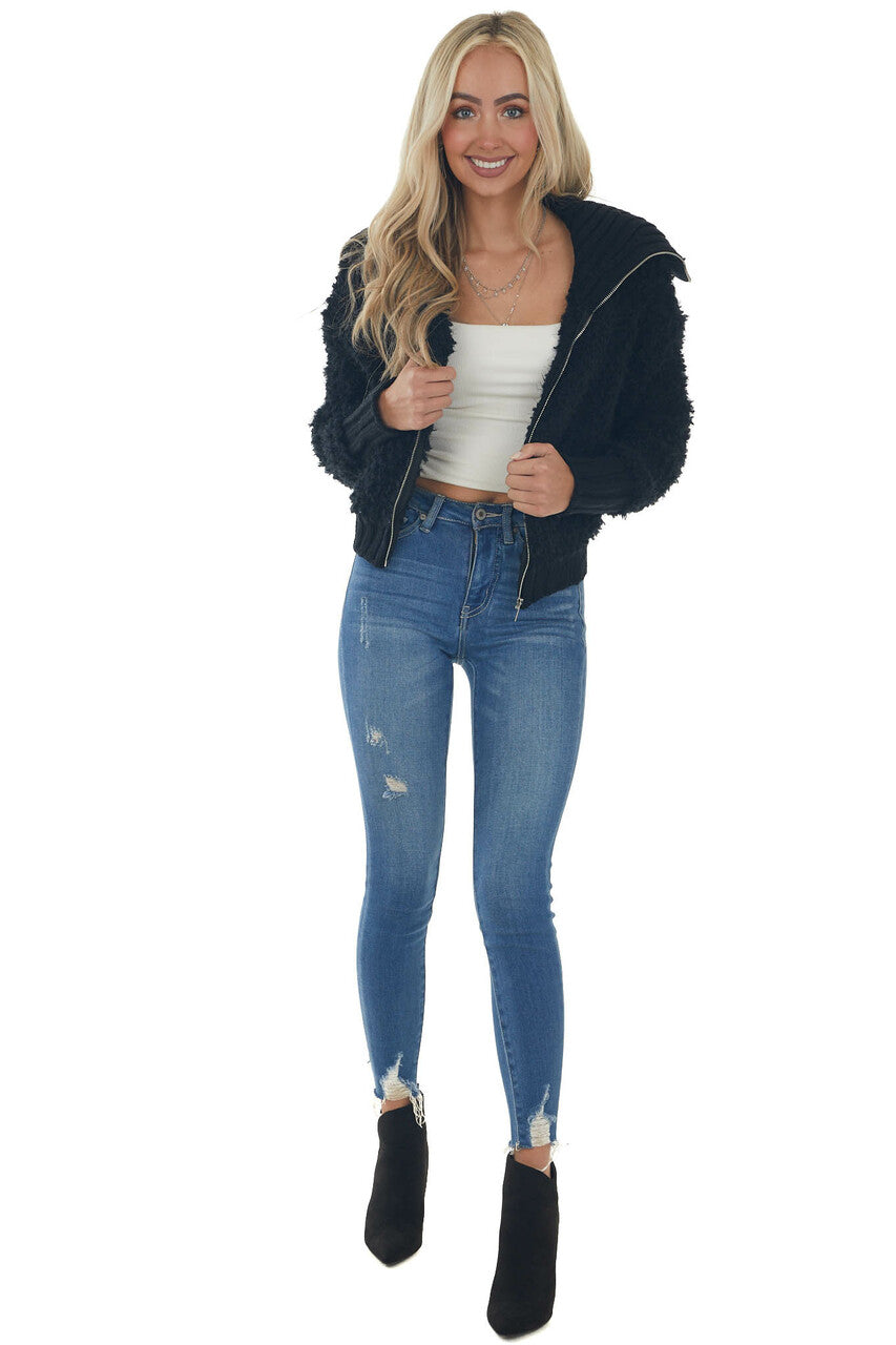 Black Teddy Turtleneck Zip Up Sweater Jacket 