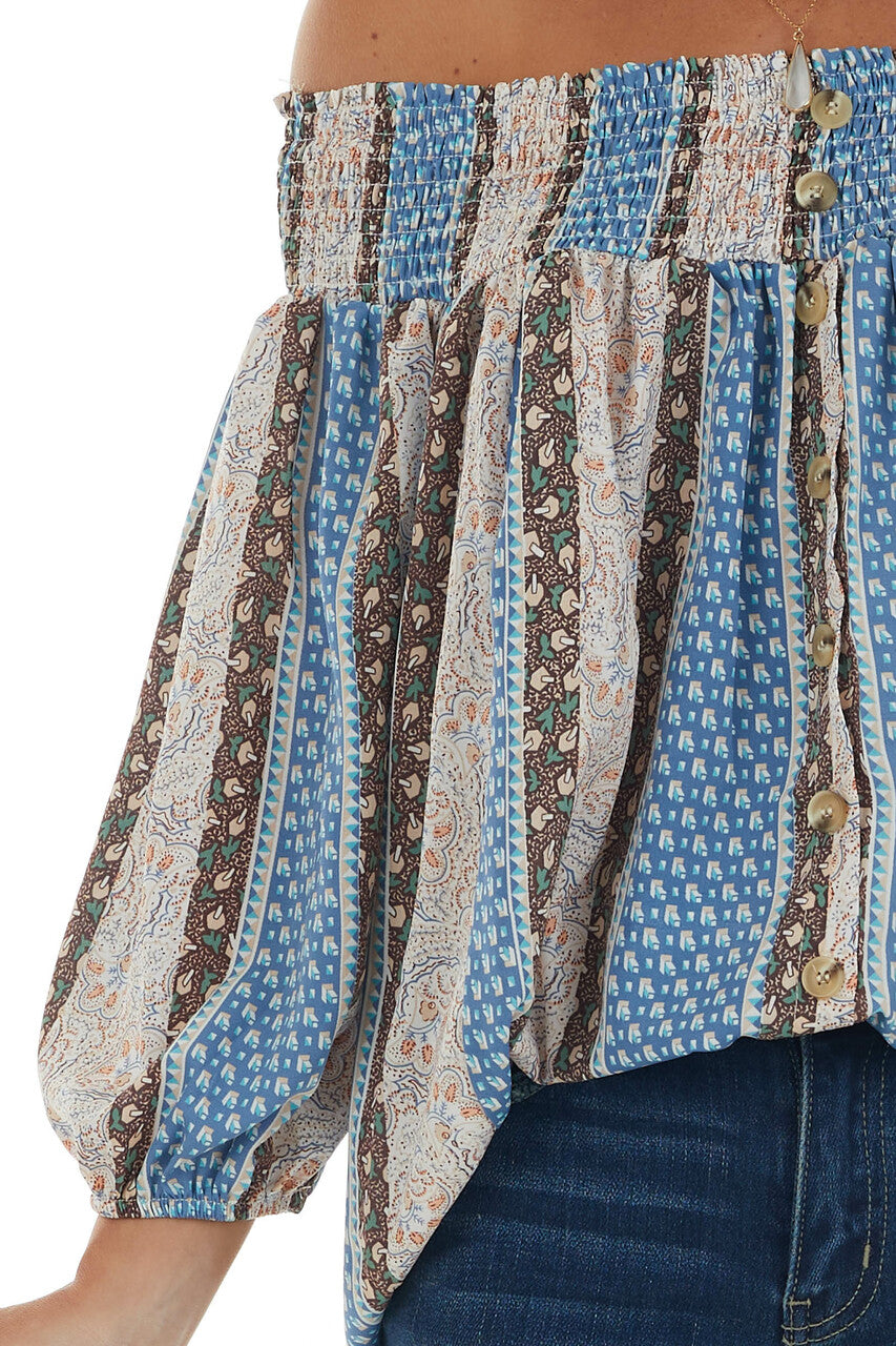 Dusty Blue Printed Smocked Off Shoulder Blouse