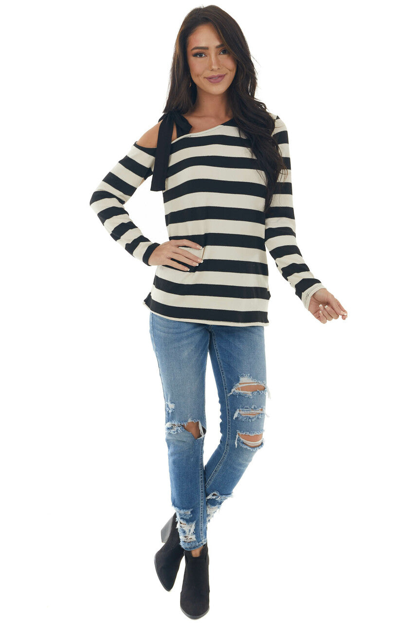 Cream Striped Top with Tied Cold Shoulder