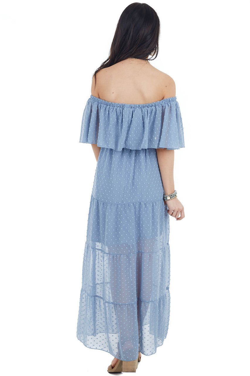 Slate Blue Swiss Dot Ruffled Off the Shoulder Maxi Dress