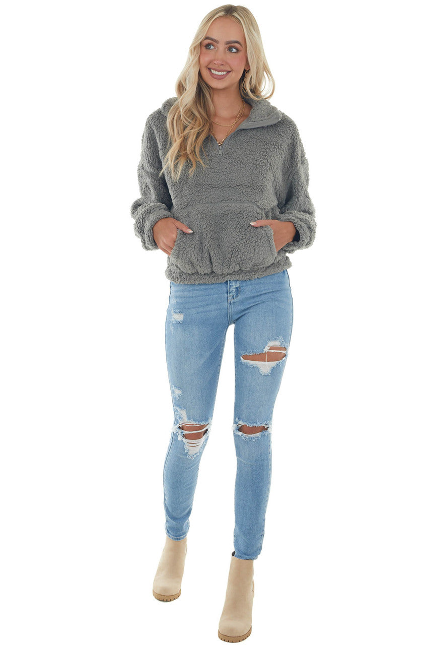 Ash Grey Mock Neck Sherpa Pullover Jacket