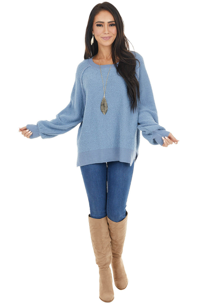 Dusty Blue Long Sleeve Lightweight Sweater with Raw Details