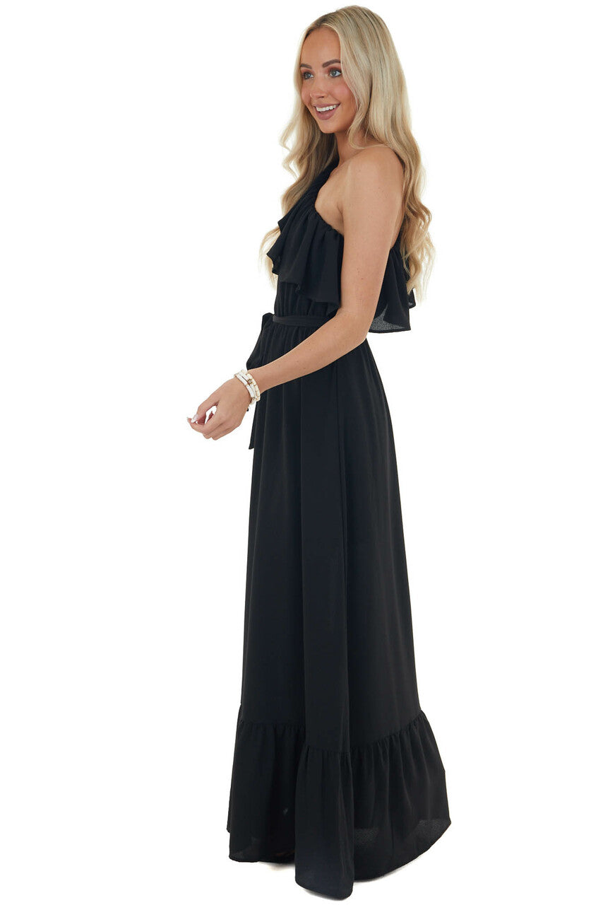 Black Elastic Off Shoulder Ruffle Maxi Dress