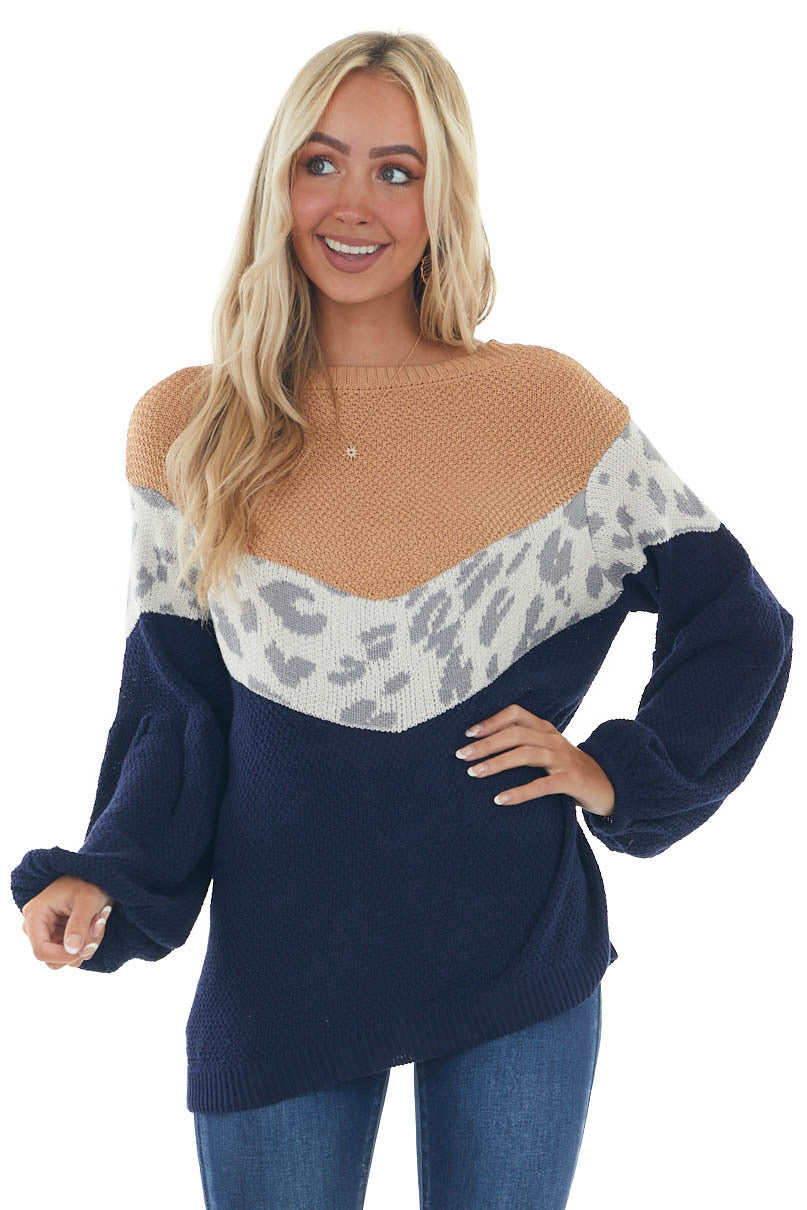 Chevron Leopard Colorblock Long Sleeve Sweater