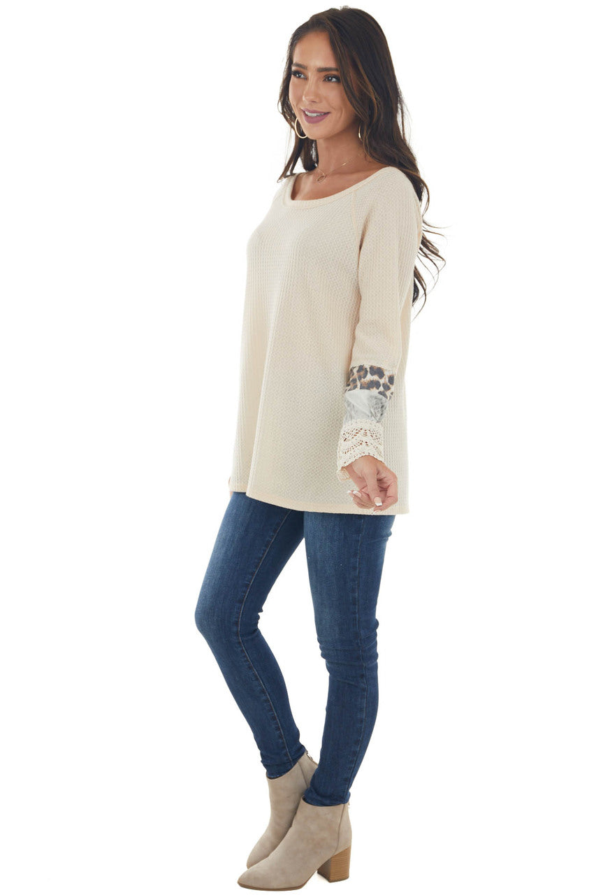 Beige Long Sleeve Waffle Knit Top with Multiprint Cuff