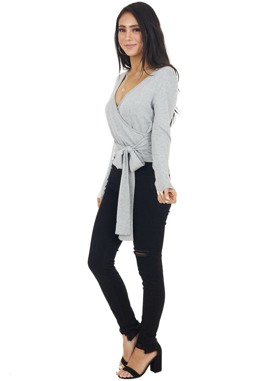Heathered Grey V Neck Long Sleeve Surplice Top with Wrap