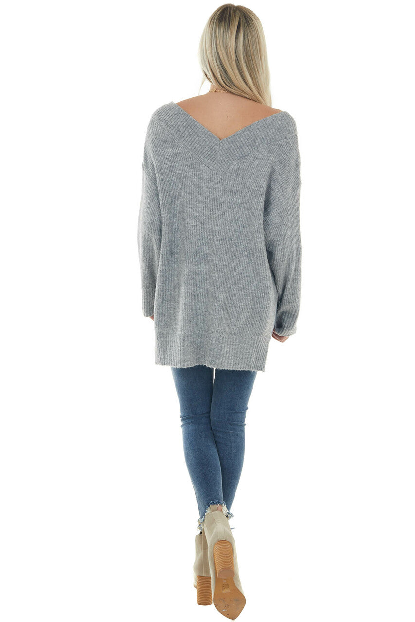 Dove Grey V Neck High Low Hem Ribbed Sweater