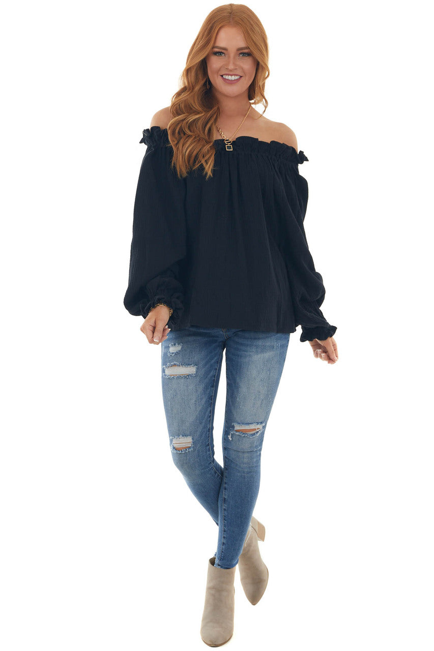 Black Textured Off Shoulder Frill Blouse
