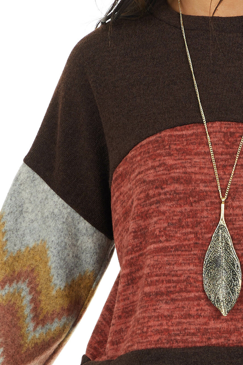 Chocolate Brown and Marsala Knit Top with Aztec Print Sleeve