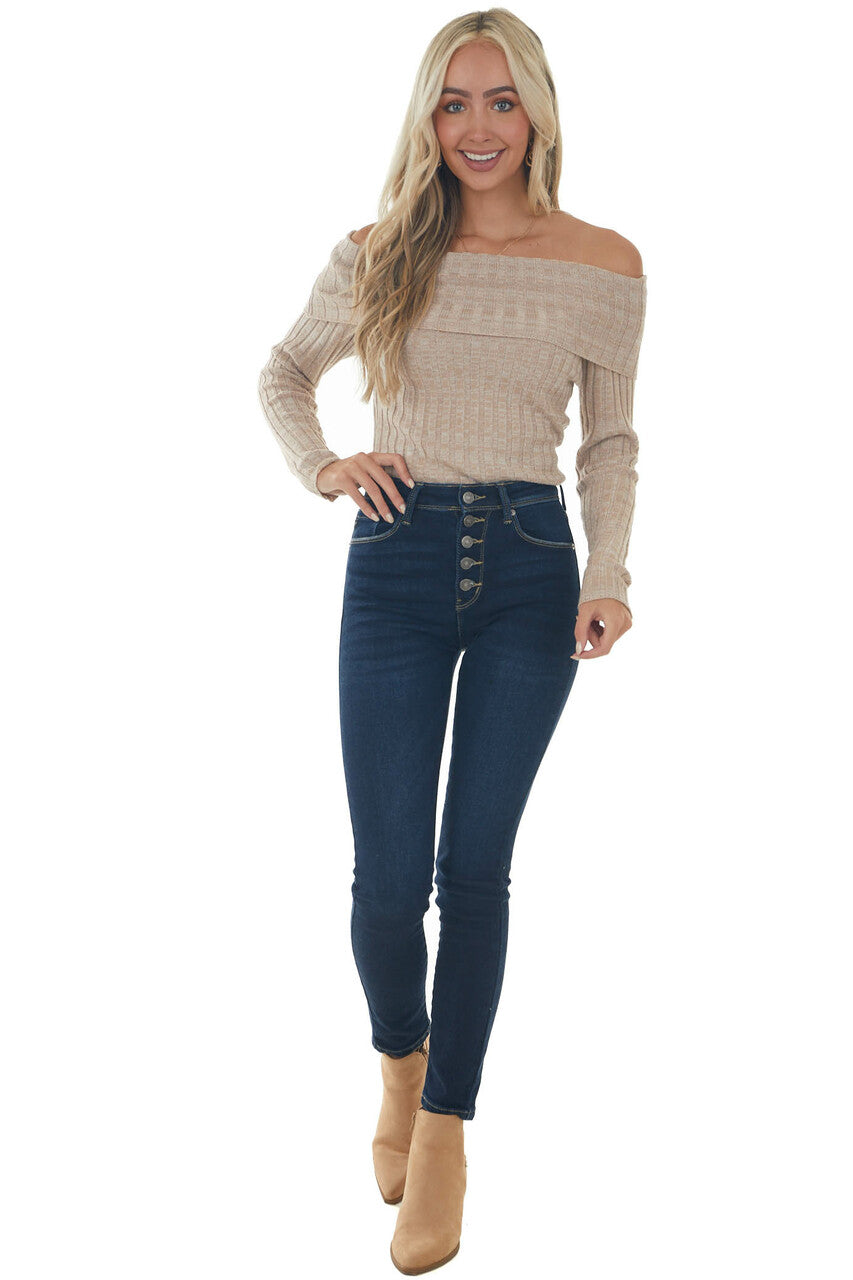 Rich Latte Off Shoulder Ribbed Knit Bodysuit 