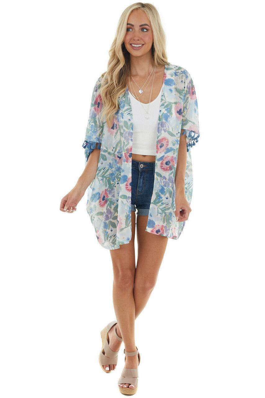 Dusty Blue Floral Chiffon Open Front Kimono