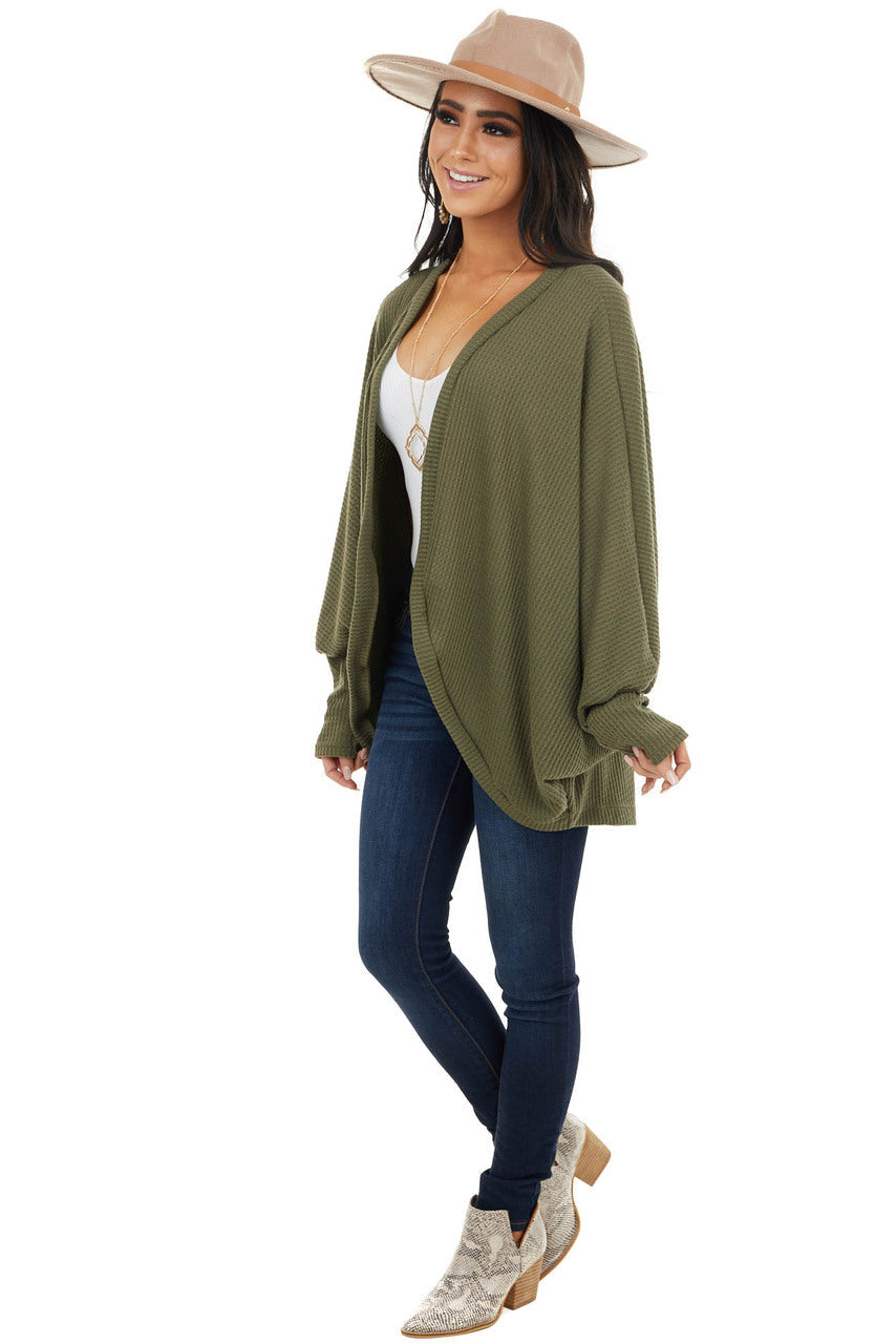 Olive Waffle Knit Open Front Cardigan with Dolman Sleeves