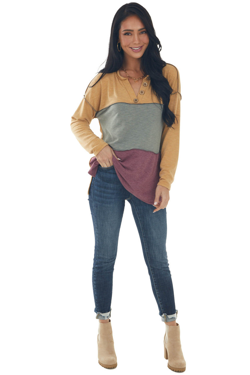 Amber and Berry Colorblock Henley Knit Top 