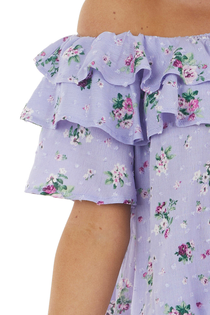 Iris Floral Print Off the Shoulder Swiss Dot Woven Top