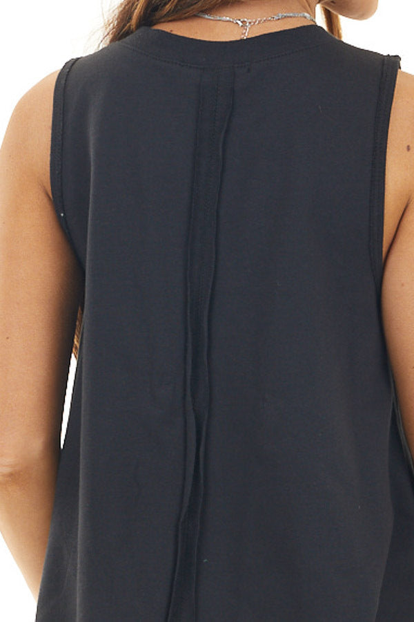 Black Knit Tank Top with Back Raw Seam Detail 