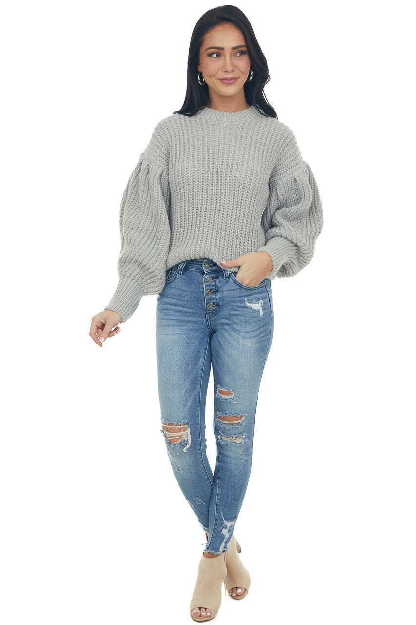 Pewter Grey Puff Sleeve Thick Knit Sweater
