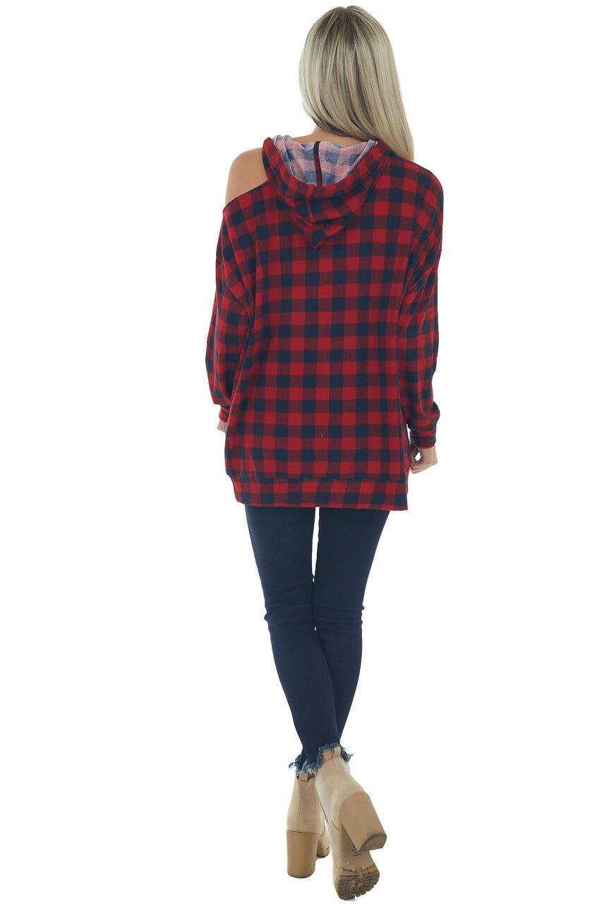 Cranberry Checkered Plaid Cold Shoulder Hoodie 