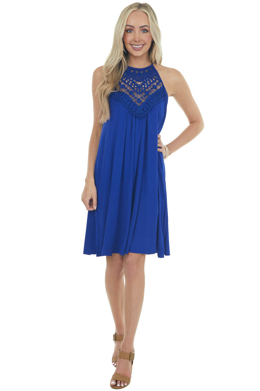 Royal Blue Short Dress with Lace Front and Keyhole Back