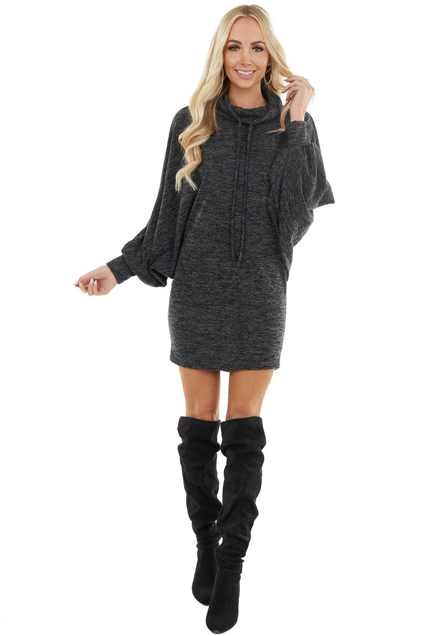 Black Two Tone Long Dolman Sleeve Dress with Cowl Neckline