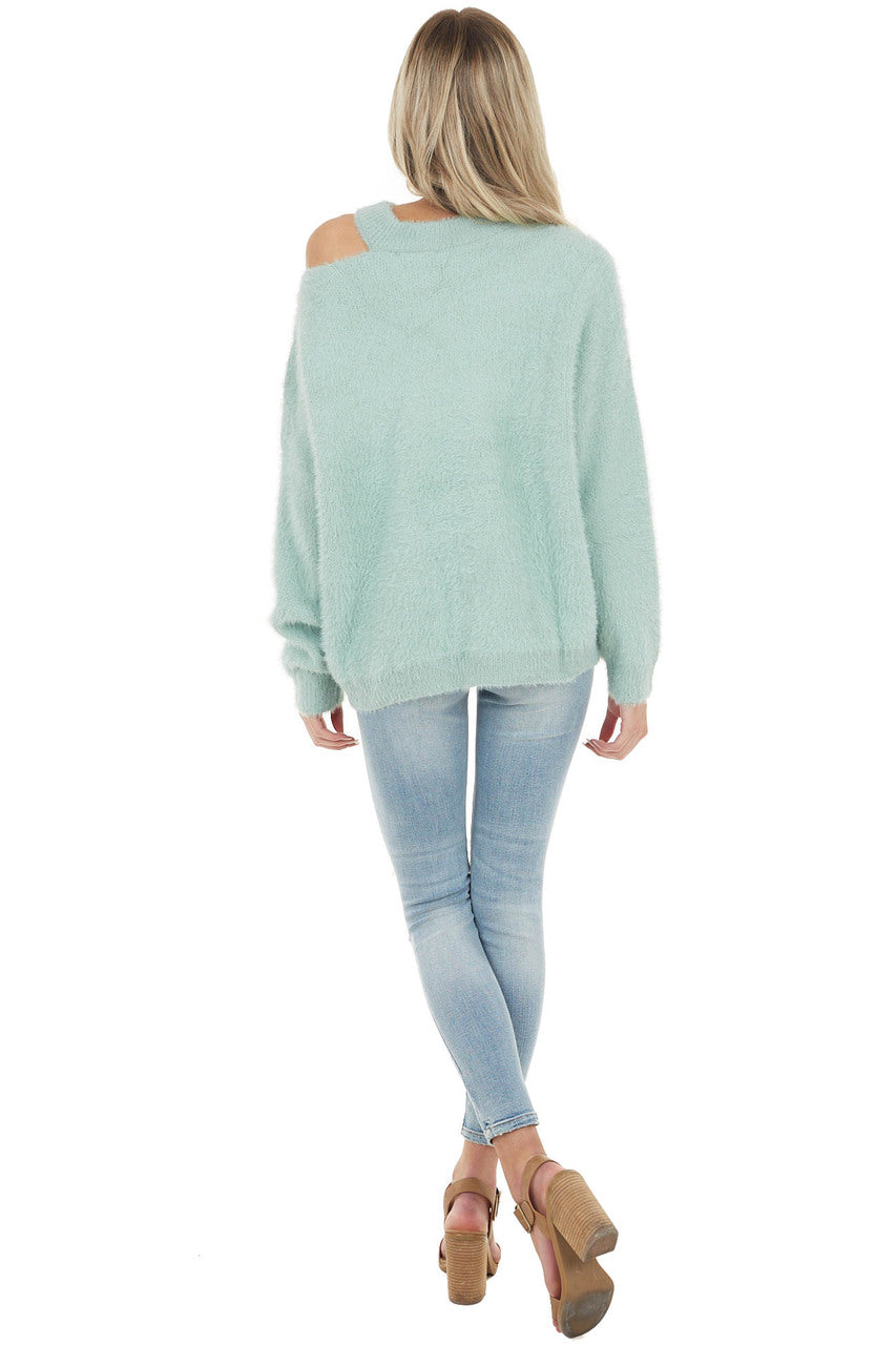 Mint Soft Fuzzy Knit Sweater with Cutout Detail